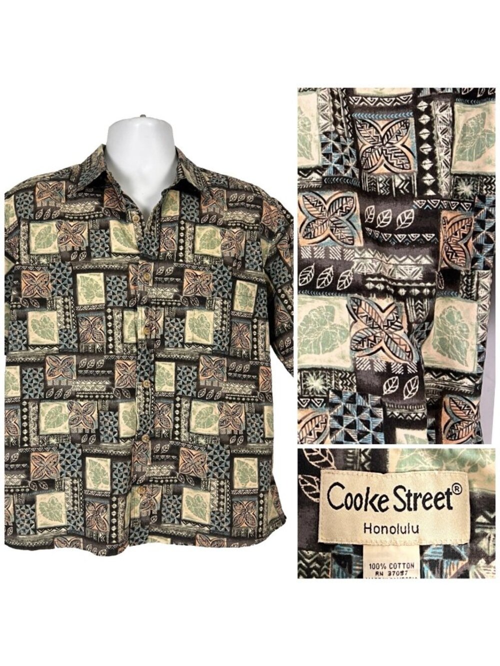 Cook Street Honolulu Tapa Tiki Mens Hawaiian Shirt size Medium 48x25 M/L Cotton